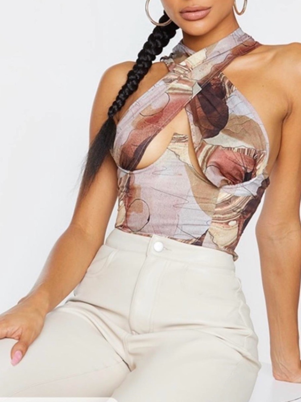 Halter Cutout Abstract Print Tank Top - Brown Multi